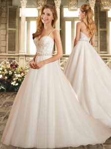 A-line Sleeveless White Wedding Dresses Brush Train Backless