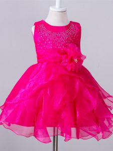 Free and Easy Knee Length Hot Pink Flower Girl Dresses for Less Organza Sleeveless Beading and Hand Made Flower