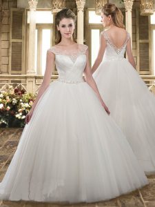 Tulle Sleeveless Wedding Gowns Brush Train and Beading and Lace