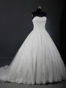 Strapless Sleeveless Brush Train Lace Up Wedding Gowns White Tulle