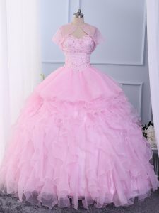 Pink 15th Birthday Dress Military Ball and Sweet 16 and Quinceanera with Beading and Ruffles Sweetheart Sleeveless Lace 