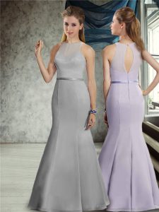 Sleeveless Floor Length Belt Zipper Bridesmaids Dress with Grey