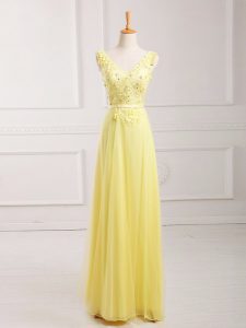 Luxurious Yellow Sleeveless Floor Length Lace and Appliques and Belt Zipper Evening Dress