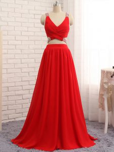 Extravagant Sleeveless Chiffon Brush Train Criss Cross Prom Party Dress in Red with Beading