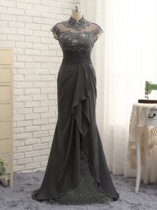 Glittering Cap Sleeves Chiffon Floor Length Zipper Mother Dresses in Black with Lace and Ruching