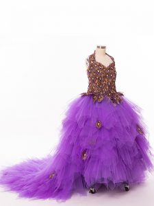 Eggplant Purple Sleeveless Ruffles Lace Up Pageant Gowns For Girls