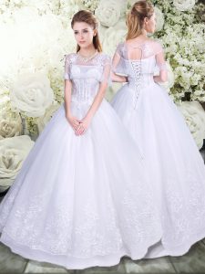 Attractive White Organza Lace Up Wedding Dresses Sleeveless Floor Length Embroidery