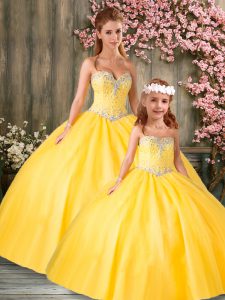Fabulous Gold Tulle Lace Up Sweet 16 Dresses Sleeveless Floor Length Beading