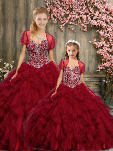 Wine Red Sweet 16 Dresses Military Ball and Sweet 16 and Quinceanera with Beading and Ruffles Sweetheart Sleeveless Lace