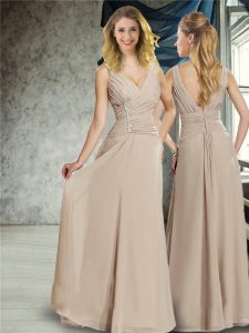 Floor Length Backless Dama Dress Grey for Prom and Party with Beading and Belt