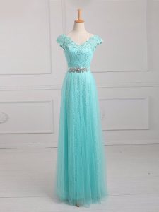 Aqua Blue Tulle and Lace Lace Up V-neck Cap Sleeves Floor Length Mother of the Bride Dress Beading and Appliques