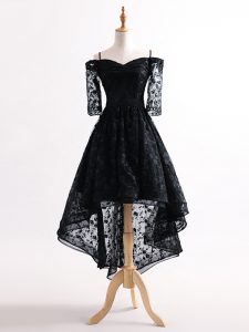 Extravagant Black Tulle Lace Up Homecoming Dress Half Sleeves High Low Lace