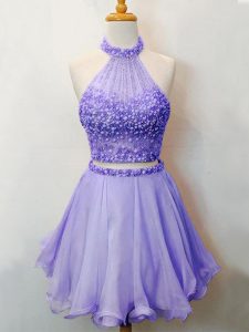 Lavender Two Pieces Halter Top Sleeveless Organza Knee Length Lace Up Beading Dama Dress for Quinceanera