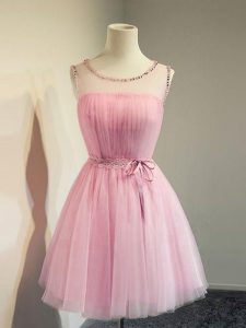 Cheap Knee Length Lace Up Dama Dress for Quinceanera Rose Pink for Prom and Party and Wedding Party with Belt