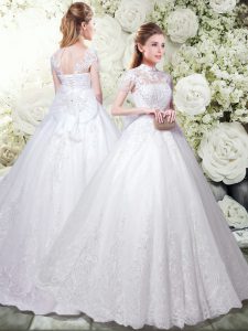 White Lace Up High-neck Lace and Bowknot Wedding Gown Lace Short Sleeves