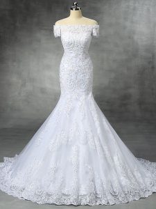 Custom Design Off The Shoulder Sleeveless Bridal Gown Brush Train Beading and Lace and Appliques White Lace