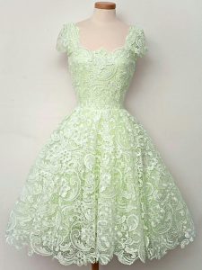 Stunning A-line Bridesmaid Dresses Yellow Green Straps Lace Cap Sleeves Knee Length Lace Up
