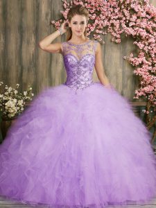 Custom Design Lavender Organza Lace Up Scoop Sleeveless Floor Length Quinceanera Dress Beading and Ruffles