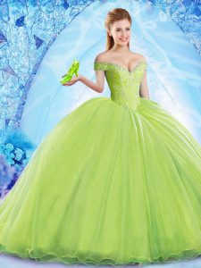 Simple Yellow Green Organza Lace Up Off The Shoulder Sleeveless Ball Gown Prom Dress Brush Train Beading