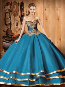 Lace Up Sweet 16 Dresses Teal for Military Ball and Sweet 16 and Quinceanera with Beading and Ruffled Layers Sweep Train