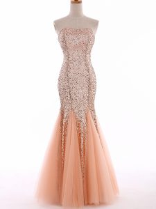 Peach Lace Up Sweetheart Sequins Runway Inspired Dress Tulle Sleeveless