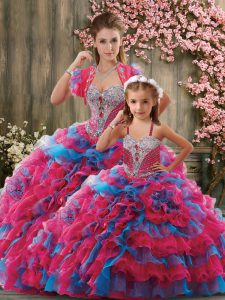 Fantastic Multi-color Organza Lace Up Quinceanera Dress Sleeveless Brush Train Beading and Ruffles