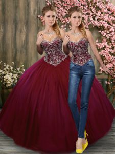 Burgundy Lace Up Sweetheart Beading Quince Ball Gowns Tulle Sleeveless