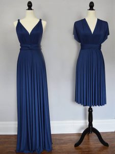 Navy Blue Sleeveless Ruching Floor Length Bridesmaid Dresses