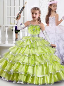 Super Yellow Green Ball Gowns Organza Straps Sleeveless Beading and Ruffled Layers Floor Length Lace Up Little Girls Pag