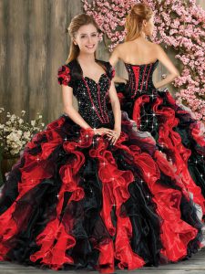 Dazzling Ball Gowns Quince Ball Gowns Red And Black Sweetheart Organza Sleeveless Floor Length Lace Up