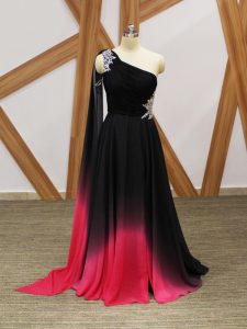 Unique Multi-color Sleeveless Brush Train Beading and Ruching Evening Dress