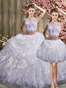 White Three Pieces Lace and Ruffles Sweet 16 Quinceanera Dress Zipper Organza Sleeveless Floor Length