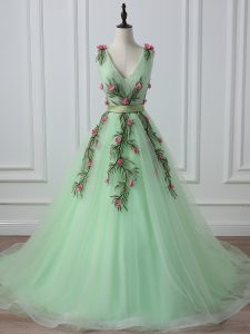 Glittering Apple Green Lace Up Prom Gown Belt and Hand Made Flower Sleeveless Court Train