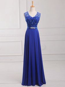 Royal Blue Scoop Zipper Beading and Belt Evening Dress Sleeveless