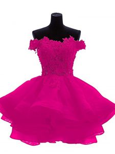 Latest Mini Length Fuchsia Prom Dresses Organza Sleeveless Beading and Lace and Appliques and Ruffles
