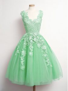 A-line Quinceanera Court Dresses Green V-neck Tulle Sleeveless Knee Length Lace Up