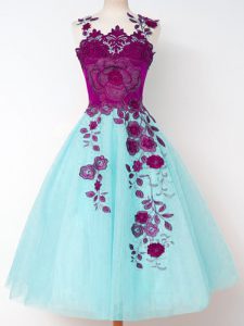 Aqua Blue Sleeveless Appliques Knee Length Bridesmaid Dress