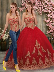Trendy Red Tulle Lace Up Sweetheart Sleeveless Quinceanera Gown Brush Train Appliques