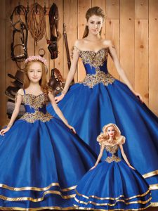 Royal Blue Lace Up Off The Shoulder Beading and Ruffled Layers Sweet 16 Quinceanera Dress Organza Long Sleeves Sweep Tra