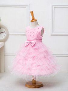 Elegant Baby Pink Flower Girl Dresses Wedding Party with Ruffled Layers and Bowknot Scoop Sleeveless Zipper