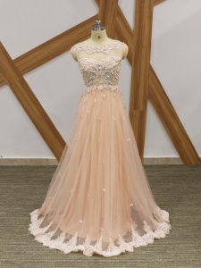 Sleeveless Tulle Floor Length Zipper Formal Evening Gowns in Champagne with Beading and Lace and Appliques
