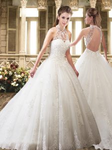 Halter Top Sleeveless Organza Bridal Gown Appliques and Embroidery Sweep Train Backless