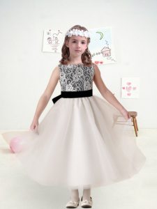 Popular White A-line Tulle Scoop Sleeveless Lace Tea Length Lace Up Toddler Flower Girl Dress
