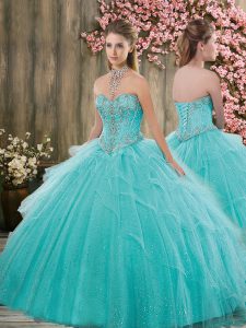 Hot Sale Turquoise Organza Lace Up Sweetheart Sleeveless Quinceanera Gown Sweep Train Beading and Ruffles