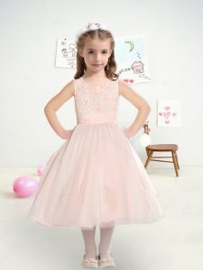 Tulle Sleeveless Tea Length Flower Girl Dresses and Lace and Appliques