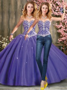 Dramatic Sleeveless Tulle Floor Length Lace Up Quinceanera Gowns in Lavender with Beading