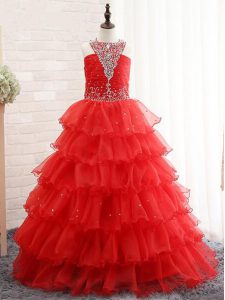 Gorgeous Halter Top Sleeveless Lace Up Little Girls Pageant Gowns Red Organza