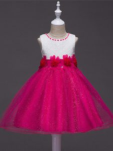 Latest Hot Pink Sleeveless Lace and Hand Made Flower Knee Length Little Girls Pageant Gowns