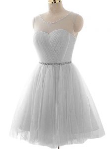 Inexpensive Grey A-line Tulle Scoop Sleeveless Beading and Ruching Mini Length Lace Up Prom Dress
