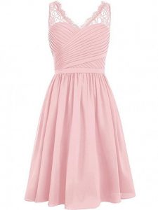 Pink V-neck Side Zipper Lace and Ruching Dama Dress Sleeveless